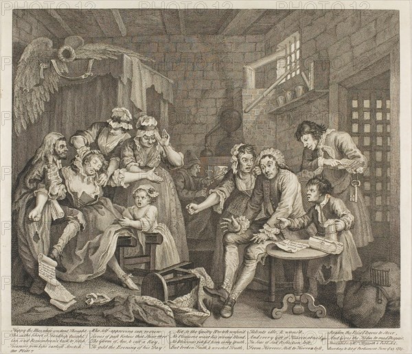 Plate Seven, from A Rake’s Progress, June 1735, William Hogarth, English, 1697-1764, England, Etching and engraving in black on ivory laid paper, 315 × 385 mm (image), 355 × 405 mm (plate), 474 × 596 mm (sheet)
