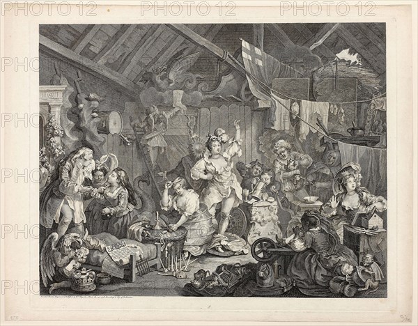Strolling Actresses Dressing in a Barn, May 1738, William Hogarth, English, 1697-1764, England, Engraving in black on ivory laid paper, 423 × 538 mm (image), 450 × 561 mm (plate), 493 × 628 mm (sheet)