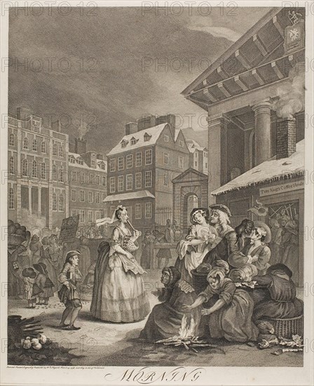 Morning, plate one from The Four Times of the Day, May 1738, William Hogarth, English, 1697-1764, England, Etching and engraving in black on ivory laid paper, 455 × 376 mm (image), 488 × 395 mm (plate), 660 × 495 mm (sheet)