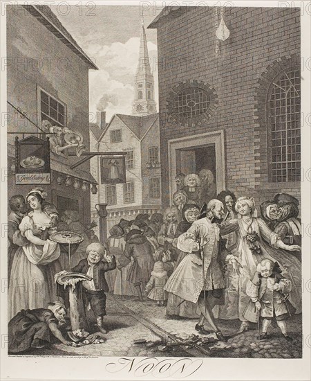Noon, plate two from The Four Times of the Day, May 1738, William Hogarth, English, 1697-1764, England, Etching and engraving in black on ivory laid paper, 450 × 380 mm (image), 488 × 402 mm (plate), 660 × 497 mm (sheet)