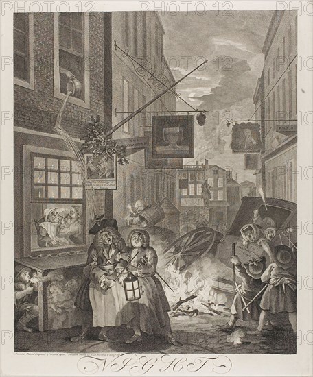 Night, plate four from The Four Times of the Day, May 1738, William Hogarth, English, 1697-1764, England, Etching and engraving in black on ivory laid paper, 440 × 365 mm (image), 490 × 406 mm (plate), 660 × 495 mm (sheet)