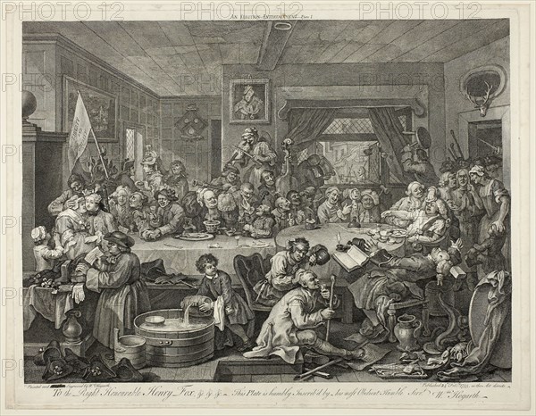 An Election Entertainment, plate one from Four Prints of an Election, 1757/58, William Hogarth, English, 1697-1764, England, Engraving in black on cream laid paper, 400 × 540 mm (image), 437 × 559 mm (plate), 449 × 580 mm (sheet)