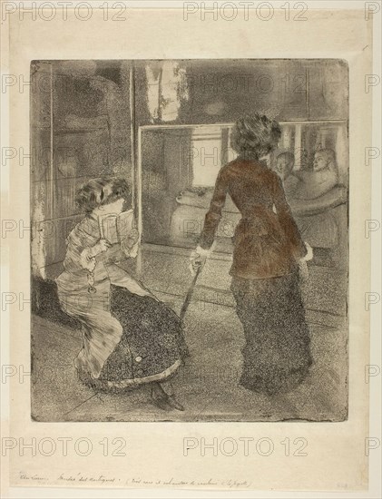 Mary Cassatt at the Louvre: The Etruscan Gallery, 1879–80, Edgar Degas, French, 1834-1917, France, Soft ground etching, drypoint, aquatint, and etching, with reddish-brown pastel, on ivory Japanese paper, 269 × 232 mm (image/plate), 357 × 269 mm (sheet)