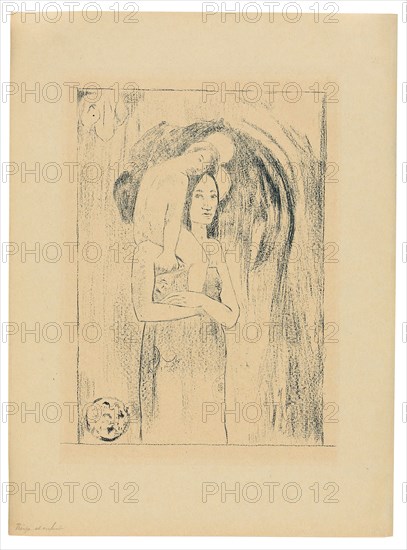 Ia orana Maria (Hail Mary), 1894/95, published Mar. 1895, Paul Gauguin, French, 1848-1903, France, Transfer zincograph on coarse-grained transfer paper, in dark-blue ink on cream wove paper (an imitation Japanese vellum), 257 × 186 mm (image), 381 × 281 mm (sheet)