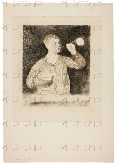 Boy Blowing Soap Bubbles, late 1868/early 1869, Édouard Manet (French, 1832-1883), printed by Henri Charles Guérard (French, 1846-1897), France, Etching and aquatint, with roulette, with color applied à la poupée, on cream wove paper, 195 × 161 mm (image), 250 × 211 (plate), 379 × 263 mm (sheet)