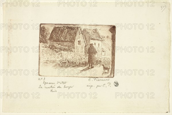 The Shepherd’s Return, 1889, Camille Pissarro, French, 1830-1903, France, Etching in red-brown on ivory laid paper, 76 × 109 mm (image/plate), 158 × 238 mm (sheet)
