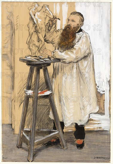 Portrait of the Sculptor Auguste Rodin in his Studio, c. 1889, Jean François Raffaëlli, French, 1850-1924, France, Opaque watercolor over black crayon, with charcoal, brush and black ink, and touches of translucent watercolor on tan board, 582 × 395 mm