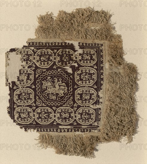 Fragment, Roman period (30 B.C.–641 A.D.), 4th/5th century, Egypt, Akhmin, Egypt, Linen and wool, slit and dovetailed tapestry weave with eccentric wefts and supplementary wrapping weft details, edged by plain weave with supplementary wrapping wefts forming uncut loop pile, 59.2 × 51 cm (23 1/4 × 20 1/8 in.)