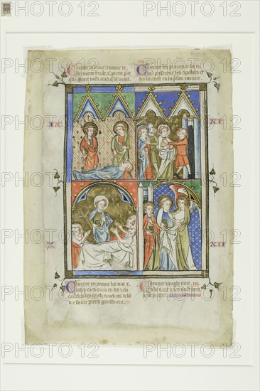 Scenes from the Miracles of St. Peter, from a Bible Historiale or Pictorial New Testament, c. 1350, French (Northeastern France, possibly Metz), France, Opaque watercolor, mordant gilding with pen and black, red and blue ink on parchment, 286 × 202 mm