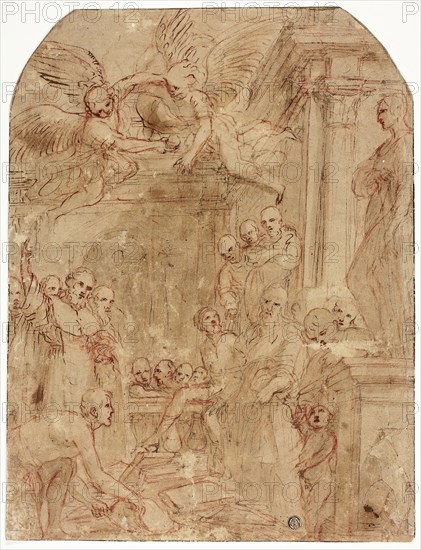 Study for the Trial of Saint Dominic’s and Albigensian Books by Fire, 1614/16, Leonello Spada, Italian, 1576-1622, Italy, Pen and brown ink, with brush and brown wash, over red chalk, on brown laid paper, laid down on ivory laid paper, 374 x 285 mm