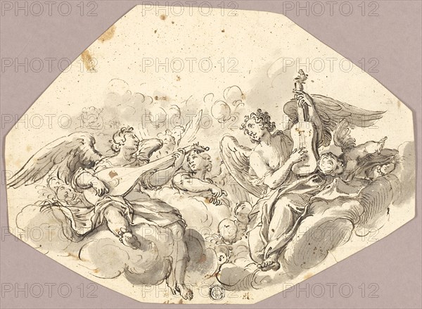 Musician Angels, n.d., Attributed to Giambattista Tiepolo, Italian, 1696-1770, Italy, Pen and brown ink, with brush and gray wash, on cream laid paper, 184 x 256 mm