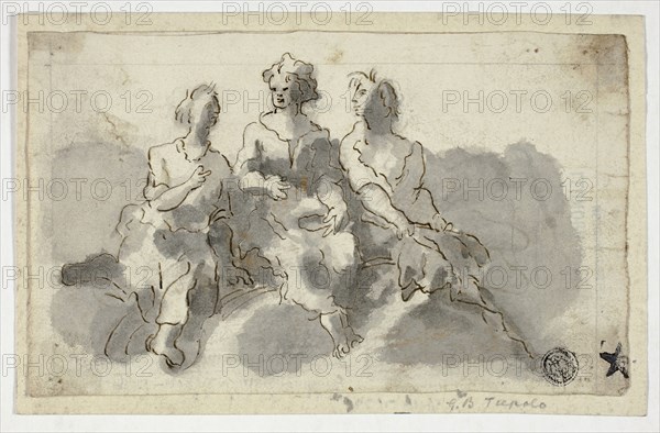 Three Seated Figures (recto), Seated Man in Profile (verso), n.d., Unknown artist, Italian, 17th century, Italy, Pen and brown ink and brush and gray wash on ivory laid paper (recto), and pen and brown ink with brush and brown wash on ivory laid paper (verso), tipped onto cream laid paper, 99 x 162 mm