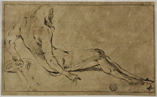 Reclining Male Nude, from Behind, c. 1591, Attributed to Ferraù Fenzoni, Italian, 1562-1645, Italy, Pen and brown ink, on cream laid paper, laid down on cream laid paper, both prepared with brown wash, 107 x 184 mm