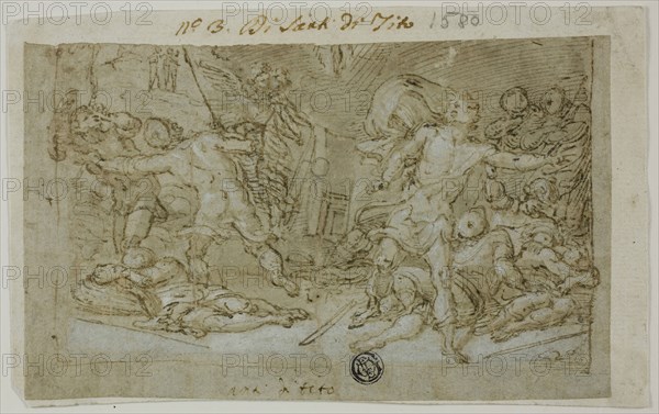 Study for the Resurrection, c. 1574, Santi di Tito, Italian, 1536-1603, Italy, Pen and brown ink with brush and brown wash, heightened with lead white, with later addition in graphite at center, on blue laid paper, laid down on ivory laid paper, 109 x 178 mm (max.)