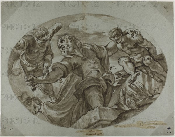 Sacrifice of Isaac, c. 1656, After Jacopo Robusti, called Tintoretto (Italian, 1519-1594), or Pedro de Valpuesta (Spanish, 1614-1668), Italy, Brush and brown ink and wash, heightened with white gouache, over traces of black chalk, on blue laid paper, laid down on ivory laid paper, 388 x 500 mm (max.)