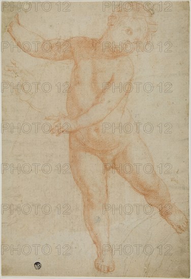 Putto Poised on Right Leg (recto), Sketch of a Draped Arm (verso), 1575/1600, Domenico Cresti, called Passignano, Italian, 1559-1638, Italy, Red chalk on cream laid paper (recto), partially laid down and tipped onto tan wove card, 375 x 257 mm