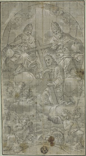 The Trinity with Christ Bearing the Cross, n.d., Raffaello Vanni, Italian, 1596-1667, Italy, Pen and black ink with brush and gray wash, heightened with white gouache, squared in graphite, on gray tinted laid paper, laid down on board, 202 x 108 mm