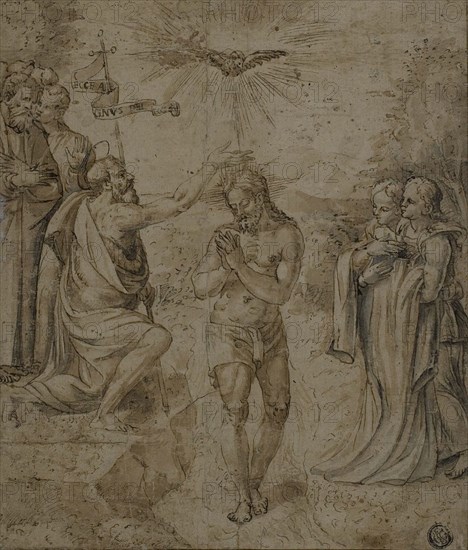 Baptism of Christ, n.d., Unknown artist, Italian, second half of the 16th Century, Italy, Pen and brown and black ink with brush and brown and gray wash, on tan laid paper, laid down on cream laid paper, 239 x 205 mm
