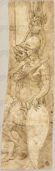 Three Roman Soldiers, n.d., After Giambologna, Italian, 1529-1608, Italy, Pen and brown ink with brush and brown wash, over traces of black chalk, on cream laid paper, laid down on ivory laid paper, 387 x 121 mm (max.)