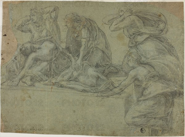 Death of Cleopatra, c. 1540, Follower of Daniela da Volterra (Italian, 1509-1566), or circle of Rosso Fiorentino (Italian, 1494-1540), Florence, Black chalk on blue-gray laid paper, laid down on cream laid paper, 254 × 348 mm (ma×.)