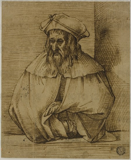 Half-Length Sketch of a Gentleman Wearing Hat and Cape, n.d., Bartolomeo Passarotti, Italian, 1529-1592, Italy, Pen and brown ink on tan laid paper, laid down on ivory laid paper, 173 x 142 mm
