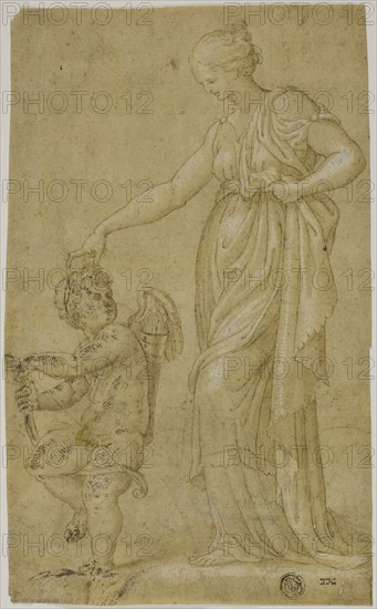 Venus (?) and Cupid, n.d., Circle of Bernardino Campi (Italian, 1521-1591), or possiby Pierino da Vinci (Italian, c. 1530-1553), Italy, Pen and brown ink with brush and brown wash, heightened with lead white (partly oxidized), on cream laid paper prepared with tan wash, 227 x 139 mm (max.)