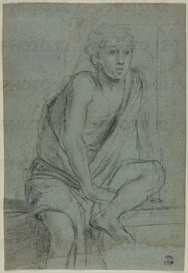 Seated Youth: Study for Flagellation of Saint Andrew, c. 1608, Domenichino, Italian, 1581-1641, Italy, Charcoal on blue laid paper, laid down on cream laid card, 254 x 176 mm