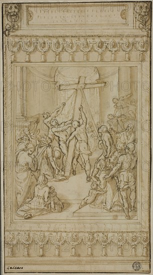 Saint Helena Kneeling before the True Cross, c. 1582, Cesare Nebbia, Italian, 1536-1614, Italy, Pen and brown ink with brush and brown wash, over black chalk, on cream laid paper, edge mounted on cream wove paper, 297 x 164 mm