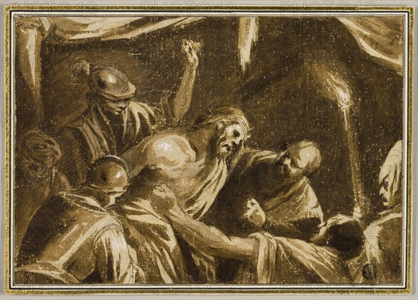 Christ Crowned with Thorns, n.d., After Jacopo Bassano, Italian, c. 1510-1592, Italy, Pen and brown ink with brush and brown wash, heightened with white gouache, over traces of black chalk, on cream laid paper, laid down on ivory laid paper, 164 x 237 mm (max.)