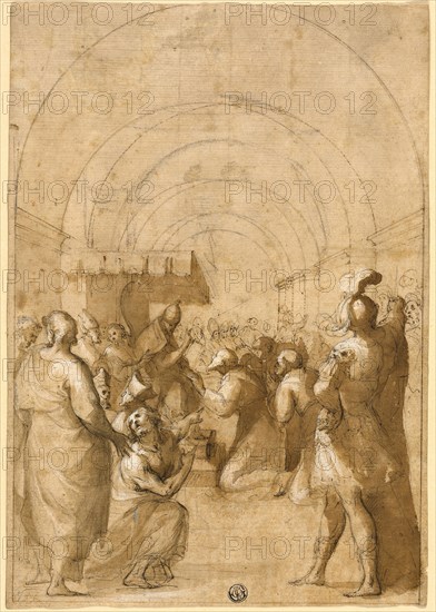 Study for Pope Innocent III Establishing the Franciscan Order, n.d., Possibly Francesco Allegrini (Italian, 1587/1624-after 1679), or possibly Federico Zuccaro (Italian, c. 1542-1609), Italy, Pen and brown ink with brush and brown wash, heightened with white gouache, over black chalk, on buff laid paper, 312 x 219 mm