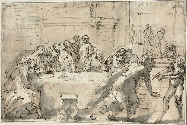 Last Supper, c. 1622, Giulio Benso (Italian, 1592-1668), or Federico Zuccaro (Italian, c. 1542-1609), Italy, Pen and brown ink, with brush and brown and gray wash, with traces of graphite, on ivory laid paper, laid down on ivory wove paper, 195 x 290 mm