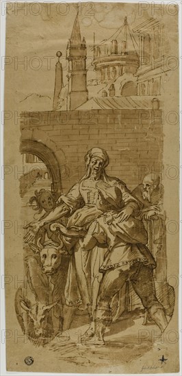 Taddeo Zuccaro at the Entrance to Rome, Greeted by Servitude, Hardship, and Toil, 1590s, After Federico Zuccaro (Italian, 1540/41-1609), or Baldassare Peruzzi (Italian, 1481-1536), or Federico Zuccaro (Italian, c. 15442-1609), Italy, Pen and brown ink with brush and brown wash, on tan laid paper, laid down on ivory laid paper, 405 x 192 mm (max.)