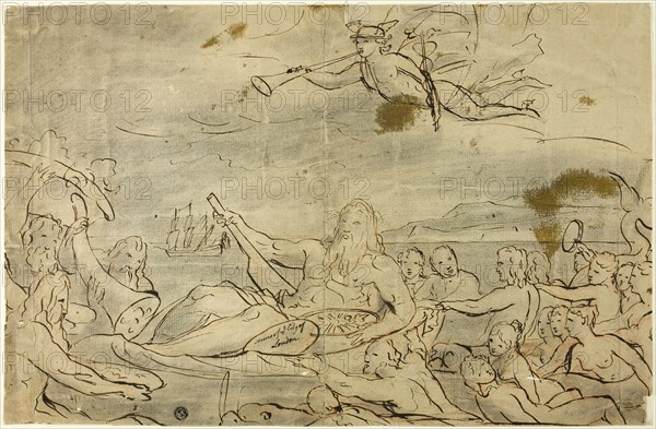 Study for Commerce or the Triumph of the Thames, 1767/80, Attributed to James Barry, Irish, 1741-1806, Ireland, Pen and brown ink over red and black chalk on tan laid paper, laid down on ivory wove paper, 314 x 482 mm
