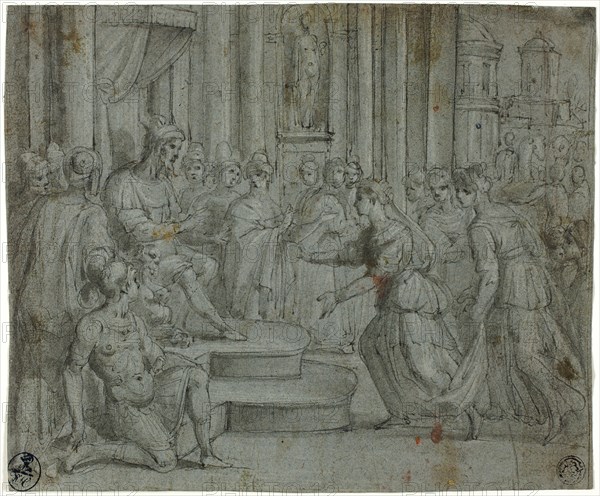 Solomon Receiving the Queen of Sheba, n.d., Cesare Rossetti, Italian, 1568-c. 1621, Italy, Pen and gray ink with brush and gray wash, heightened with lead white, with traces of red watercolor, on blue laid paper, 173 x 209 mm