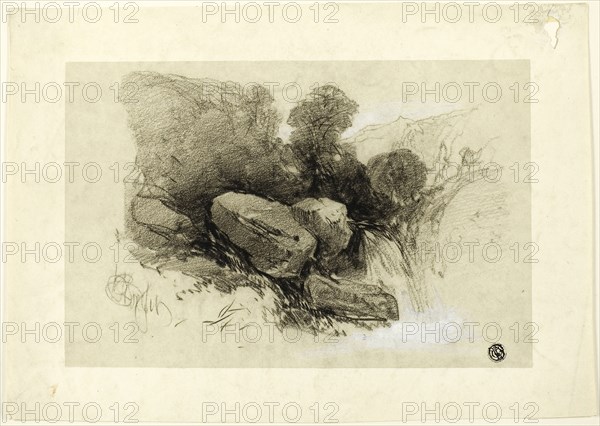 Rocky Scene, n.d., Henry Bright, English, 1814-1873, England, Black chalk, heightened with white gouache, on gray tinted wove paper, 225 × 318 mm