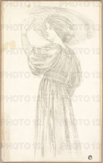 Standing Woman in Three-Quarter Profile Wearing Broad Brimmed Hat, n.d., After Sir Edward Burne-Jones, English, 1833-1898, England, Graphite transfer on cream wove paper, laid down on tan wove board, 375 × 224 mm