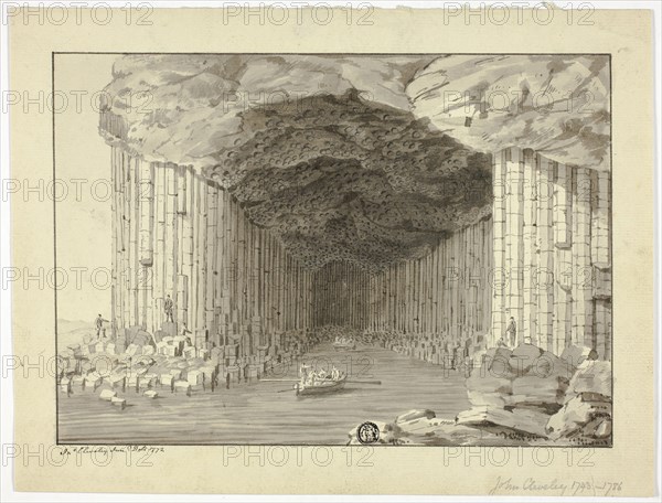 Fingal’s Cave, 1772, John Clevely, II, English, 1747-1786, England, Pen and black ink and brush and gray wash with graphite, on cream laid paper, 222 × 291 mm