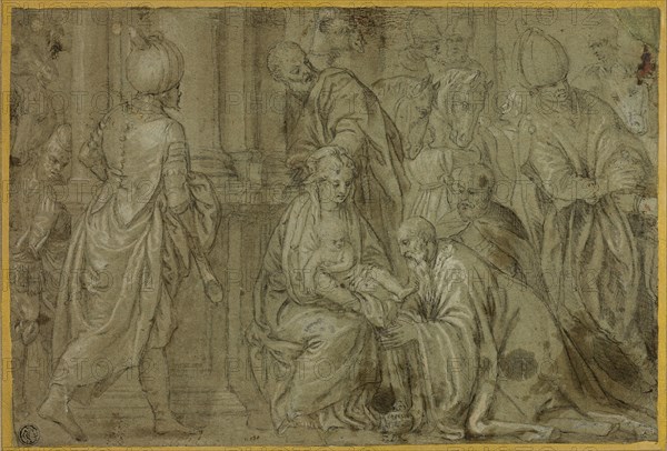Adoration of the Magi, 1590/98, Benedetto Caliari, Italian, 1538-1598, Italy, Pen and brown ink and black chalk, with brush and brown wash, heightened with gouache, on green laid paper, laid down on tan laid card, 208 x 306 mm (max.)