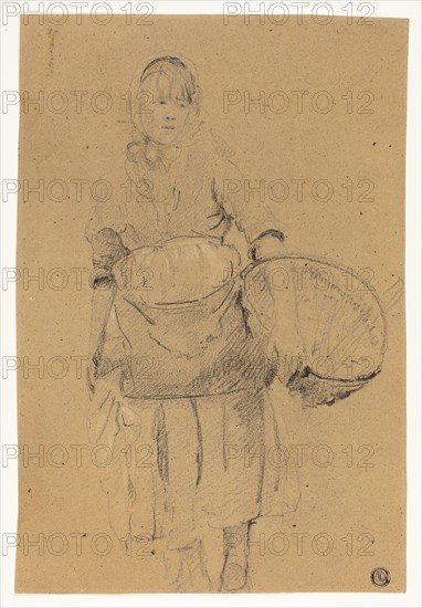 Fisher Girl with Basket, n.d., Attributed to Michel François Dandré-Bardon, French, 1700-1783, France, Black crayon with touches of white chalk on brown wove paper, 301 × 204 mm