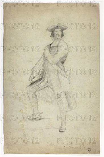Study for Standing Man Wearing Sash and Striking Dramatic Pose, n.d., Thomas Duncan, Scottish, 1807-1845, Scotland, Charcoal with graphite and traces of black crayon on ivory wove paper, 455 x 291 mm