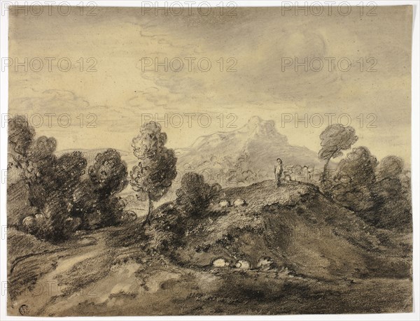 Hilly Landscape with Shepherd and Flock, n.d., Follower of Thomas Gainsborough, English, 1727-1788, England, Charcoal with stumping on tan wove paper, 281 × 371 mm