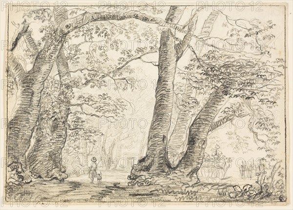 Man with Dog in Forest, n.d., Unknown artist, probably English, 18th century, England, Black crayon on ivory laid paper, 265 × 374 mm