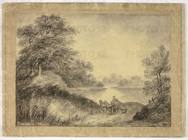 Man in Horse-Drawn Cart Beside Lake, n.d., Follower of Thomas Gainsborough, English, 1727-1788, England, Charcoal with stumping on tan wove paper, laid down on tan laid paper, 331 × 454 mm