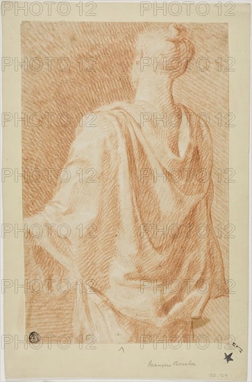 Draped Woman, Seen From Back, n.d., Attributed to François Boucher, French, 1703-1770, France, Red chalk, with brush and pale brown wash, on cream laid paper, tipped on cream wove card, 281 × 182 mm