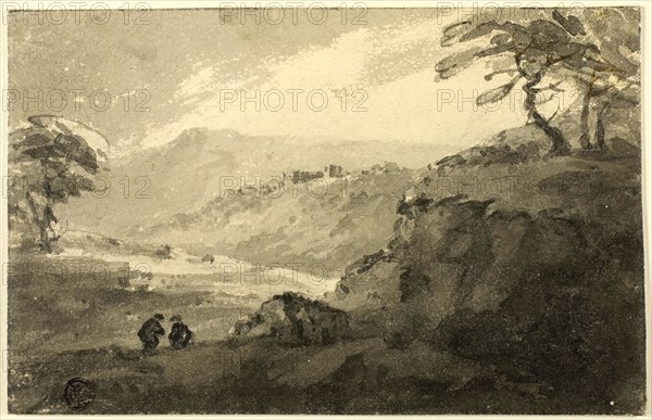 Scottish Landscape, n.d., William Sawrey Gilpin, English, 1762-1843, England, Brush and gray wash with touches of brown ink, over graphite, on cream wove card, 128 × 200 mm