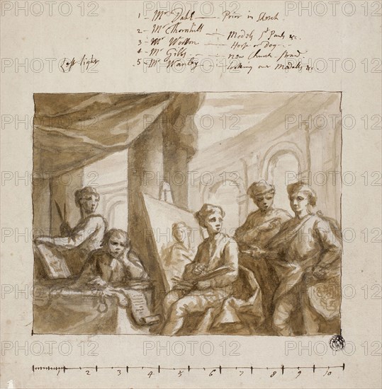 Company of Painters, c. 1719, Attributed to James Thornhill (English, 1675-1734), or William Hogarth (English, 1697-1764), England, Brush and brown wash, over graphite, on ivory laid paper, 240 × 235 mm