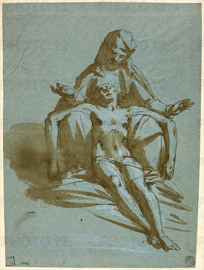 Pietà, n.d., Attributed to Luca Cambiaso, Italian, 1527-1585, Italy, Pen and brown ink with brush and brown wash, heightened with lead white, on blue wove paper, laid down on ivory wove paper, 258 x 195 mm (max.)