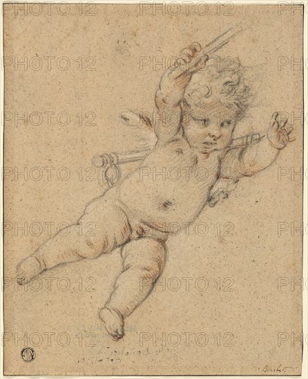 Flying Putto, n.d., Studio or school of François Boucher, French, 1703-1770, France, Red and black chalk, heightened with touches of white chalk, on buff laid paper, 251 × 202 mm