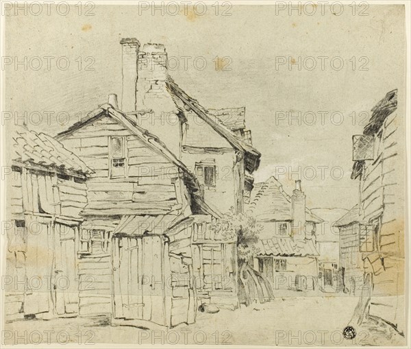 Water Lane, Watford, n.d., Attributed to William Henry Hunt, English, 1790-1864, England, Black crayon, heightened with white crayon, on gray wove paper, pieced to gray laid paper, tipped onto board, 259 × 304 mm