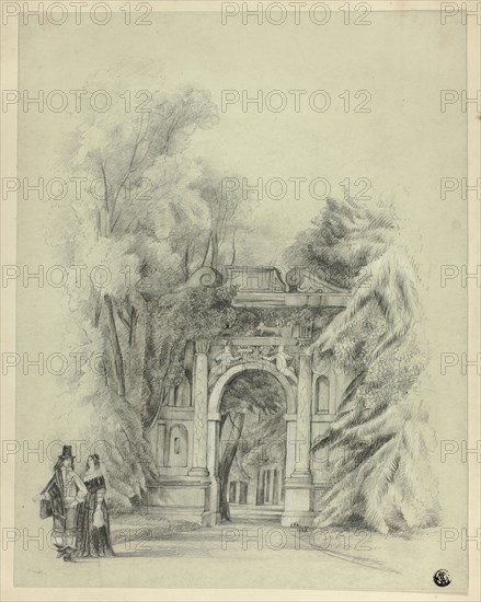 Couple in 17th Century Dress Standing Before Entrance to Park, 1864, Charles de Anson, British, 19th century, United Kingdom, Graphite, heightened with white gouache, on pale green wove paper, laid down on cream wove card, 326 x 255 mm